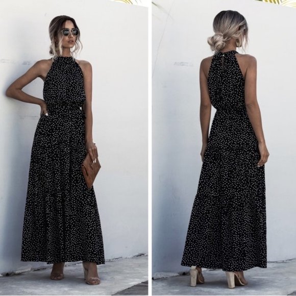 Dresses & Skirts - Black Polka Dot Tie Waist Maxi Dress